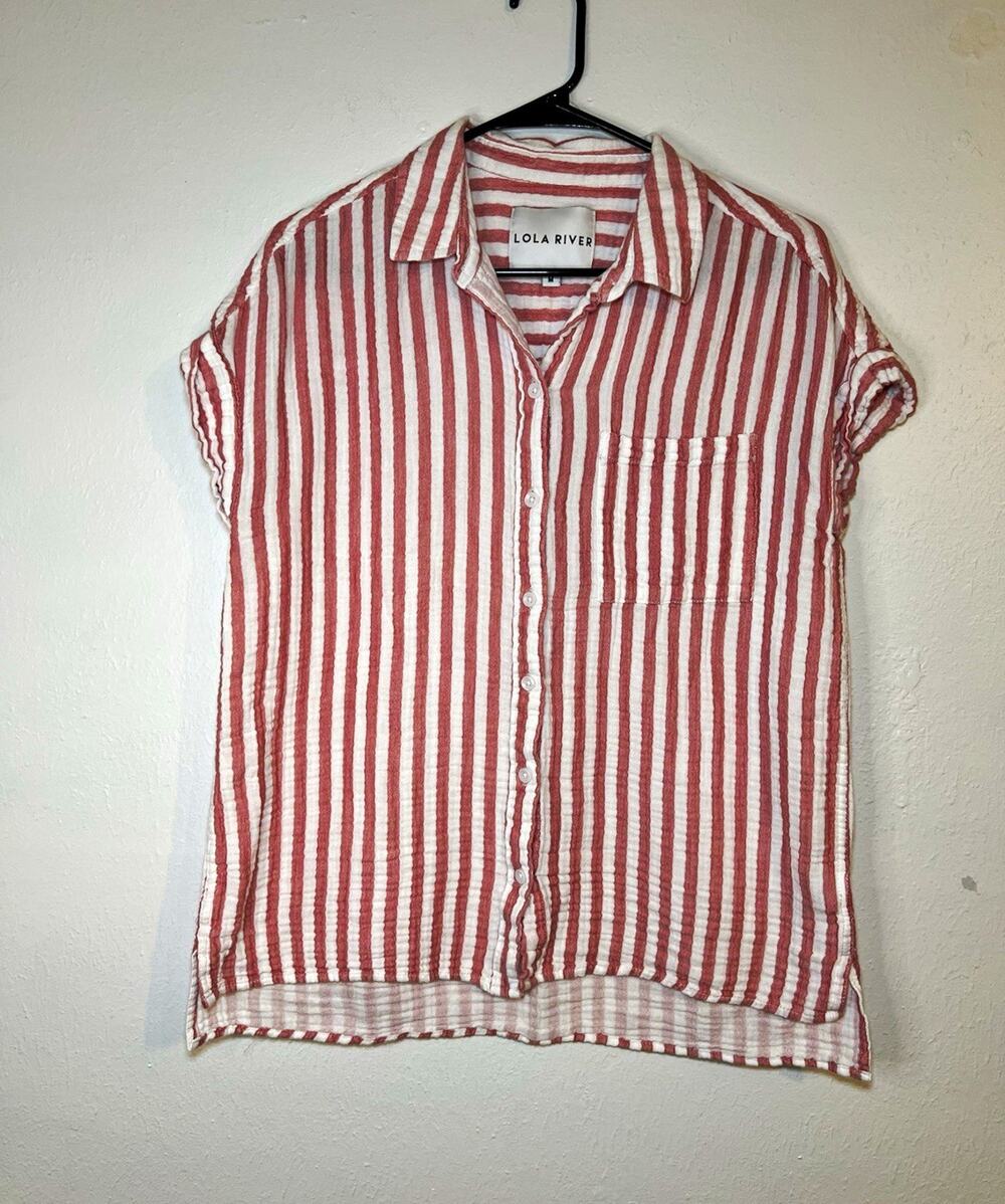 Lola River Pink/White Striped Button-Up Shirt Top M Collared 100% Cotton